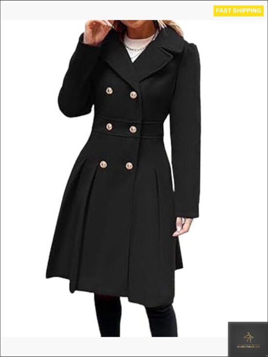 Double Breasted Wool Blend Pea Coat Notch Lapel A-Line Slim Flared Trench - Picture 2 of 5
